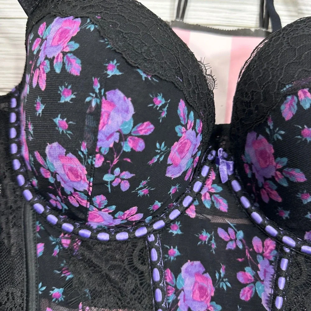 NWT Victoria's Secret Dream Angels Floral Lace Bustier Corset Top Black Purple L